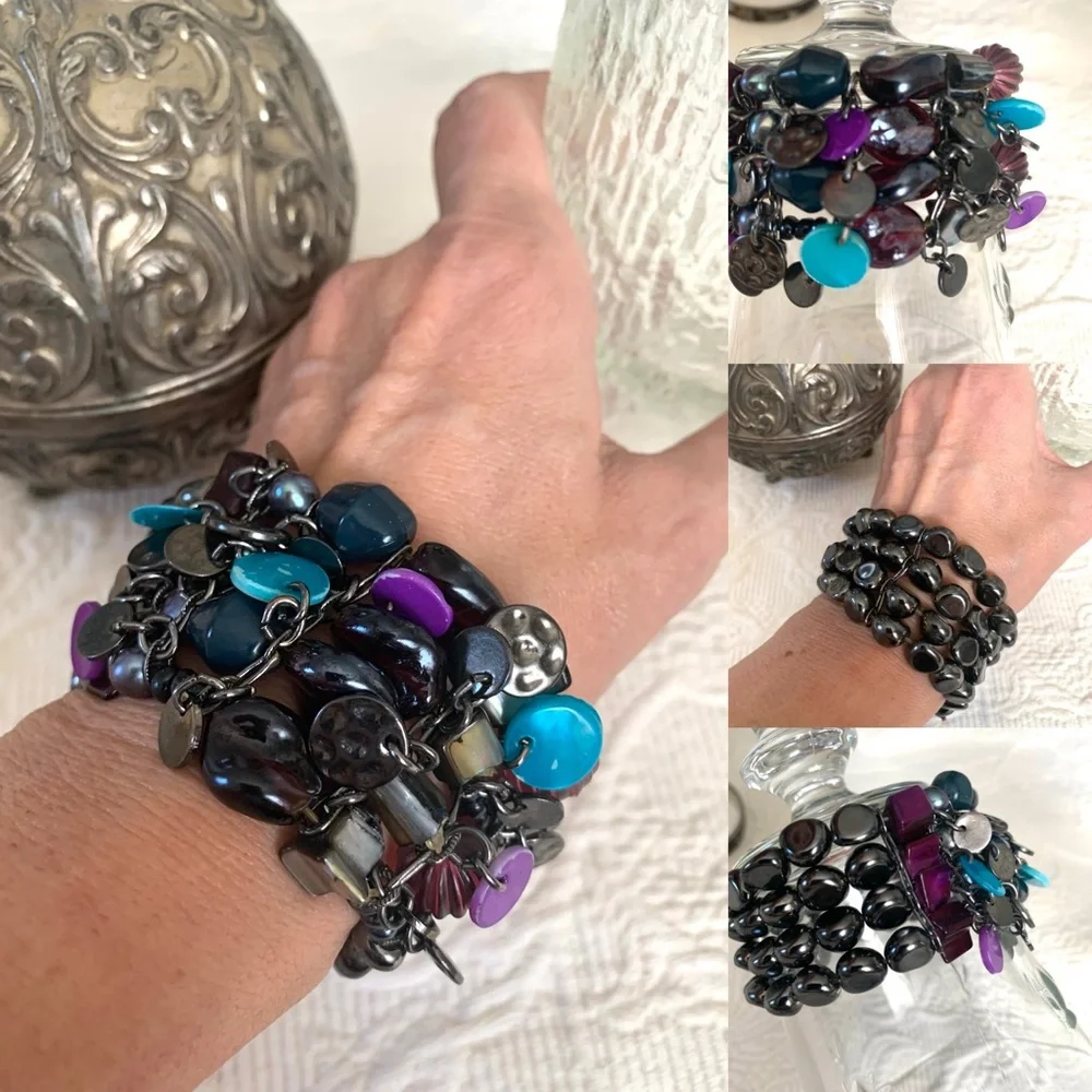 Women’s Hematite Abalone Shell statement bracelet purple aqua Black charm beads